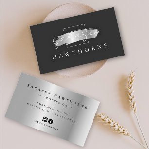 Chic Brush Stroke Faux Silver Elegant Black Business Card