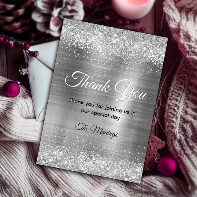 Chic brushed metal silver faux glitter thank you  card (Creator Uploaded)