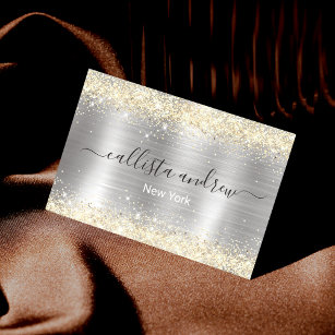 Chic brushed metal silver gold faux glitter business card