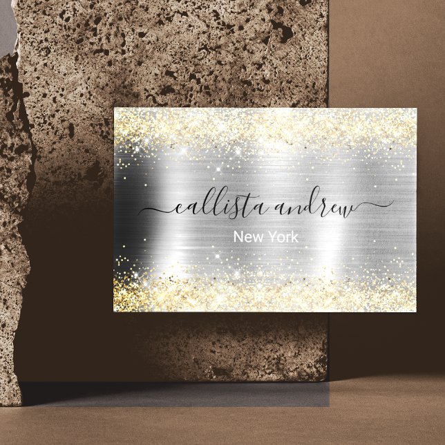 Chic brushed metal silver gold faux glitter magnetic business card (Creator Uploaded)