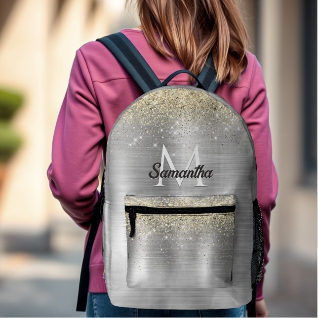 Chic brushed metal silver gold faux glitter printed backpack (Creator Uploaded)