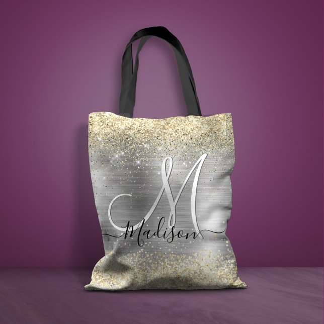 Chic brushed metal silver gold faux glitter tote bag (Creator Uploaded)