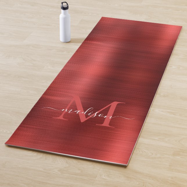 Chic Brushed Metallic Burgundy Red Monogram Script Yoga Mat (In Situ)