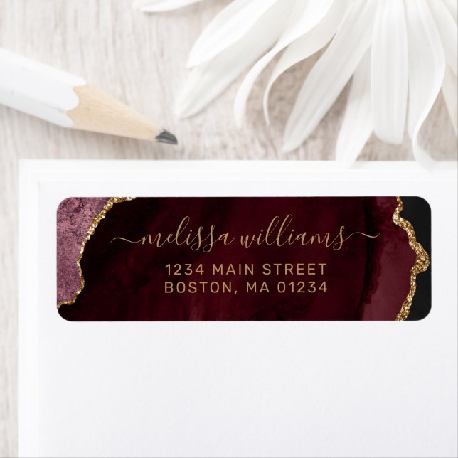 Chic Burgundy Agate Gold Script Monogram Address (Insitu)