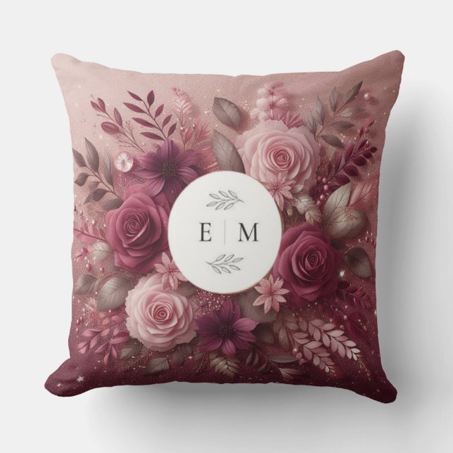 Chic Burgundy and Blush Pink Glitter Monogrammed  Cushion (Front)