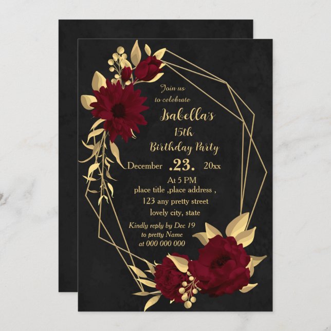Chic burgundy and gold black birthday party invitation (Front/Back)