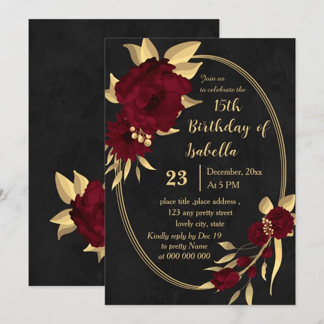 Chic burgundy and gold black birthday party invitation (Front/Back)