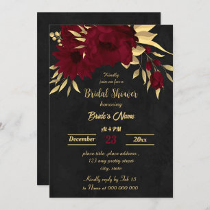 Chic burgundy and gold black bridal shower invitation