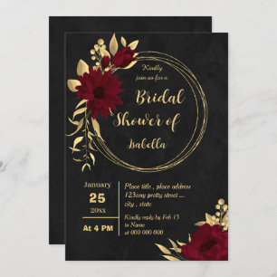 Chic burgundy and gold black bridal shower invitation