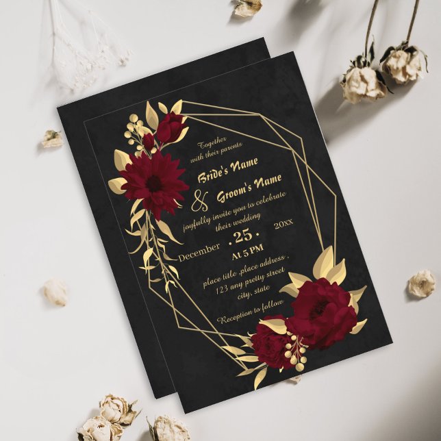 Chic burgundy and gold black geometric wedding invitation (Creator Uploaded)