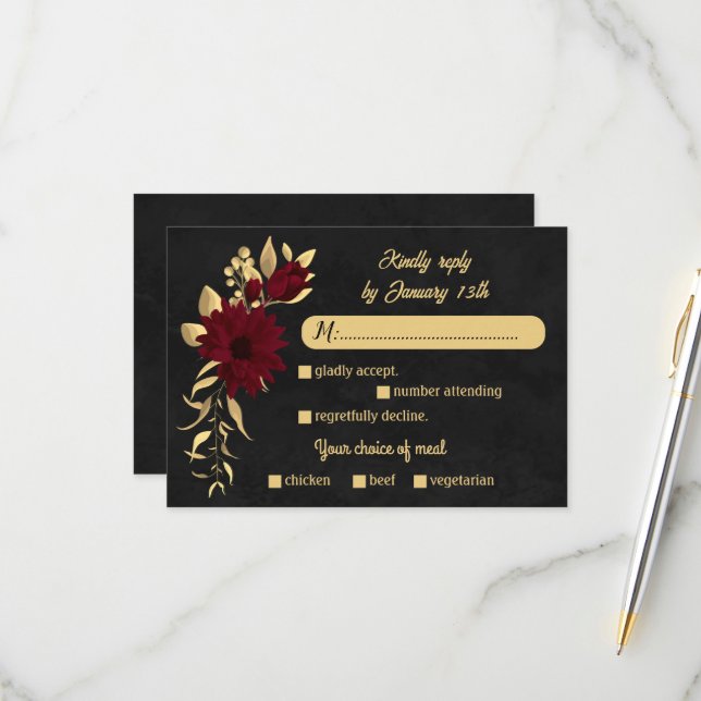 Chic burgundy and gold black meal choice wedding RSVP card (Front/Back In Situ)
