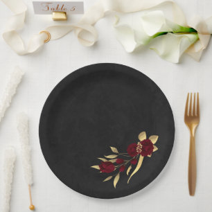Chic burgundy and gold black paper plate