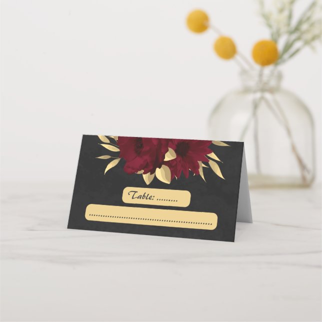 Chic burgundy and gold black place card (Front)