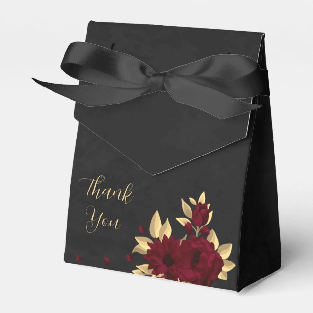 Chic burgundy and gold black wedding favour box (Front Side)