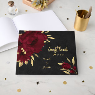 Chic burgundy and gold black wedding guest book