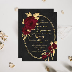 Chic burgundy and gold black wedding invitation