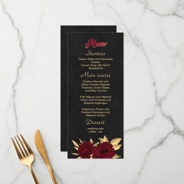 Chic burgundy and gold black wedding menu (Front/Back In Situ)