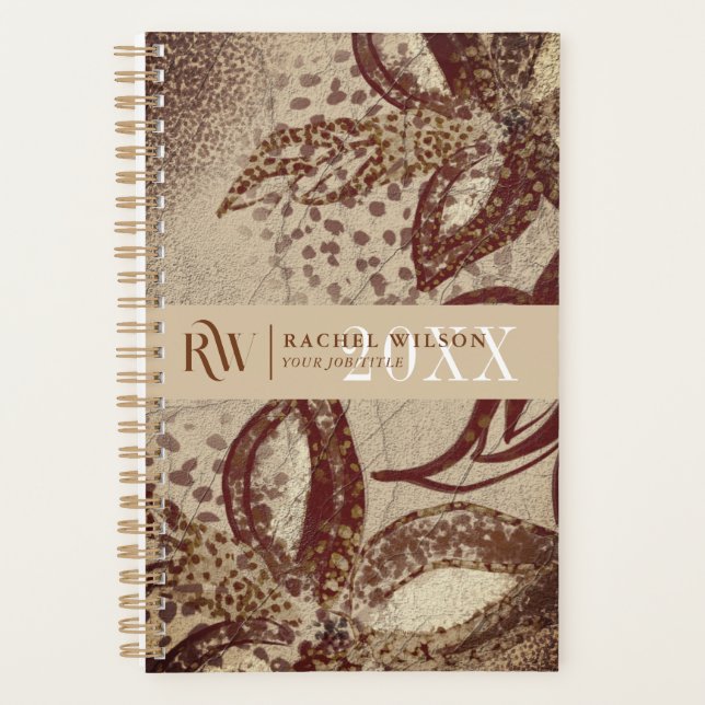 Chic Burgundy and Gold Floral Drawing Texture Planner (Front)