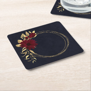Chic burgundy and gold navy blue square paper coaster