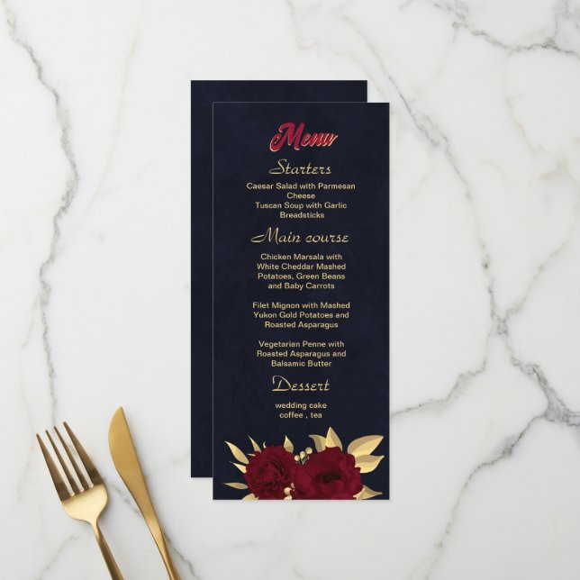 Chic burgundy and gold navy blue wedding menu (Front/Back In Situ)