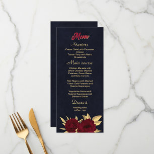 Chic burgundy and gold navy blue wedding menu