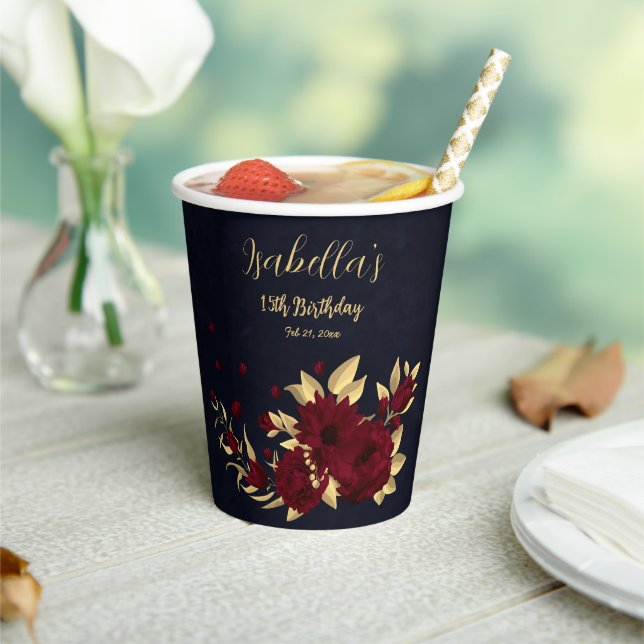 Chic burgundy and gold navy paper cups (Insitu)