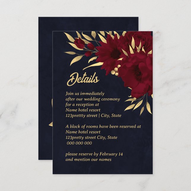 Chic burgundy and gold navy wedding enclosure card (Front/Back)