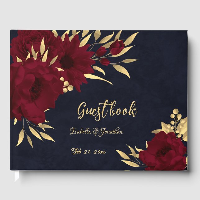 Chic burgundy and gold navy wedding guest book (Front)