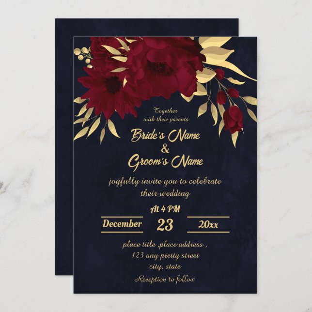 Chic burgundy and gold navy wedding invitation (Front/Back)