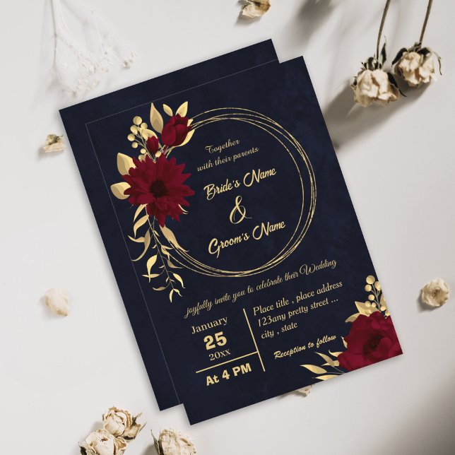 Chic burgundy and gold navy wedding invitation (Creator Uploaded)