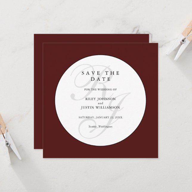 Chic Burgundy and White Monogram Save the Date (Front/Back In Situ)