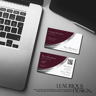 Chic Burgundy and White Silver Decor with QR-Code Business Card
