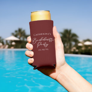 Chic Burgundy Bachelorette Party Personalized Seltzer Can Cooler