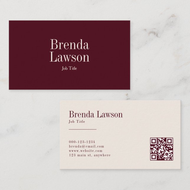 Chic Burgundy & Beige Professional QR Code Business Card (Front/Back)