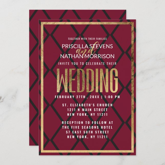 Chic Burgundy Black Gold Border Geometric Wedding Invitation (Front/Back)