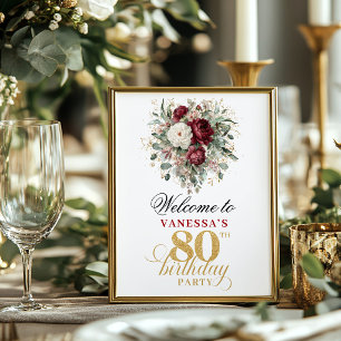 Chic burgundy blush 80th birthday 8x10 welcome sig poster