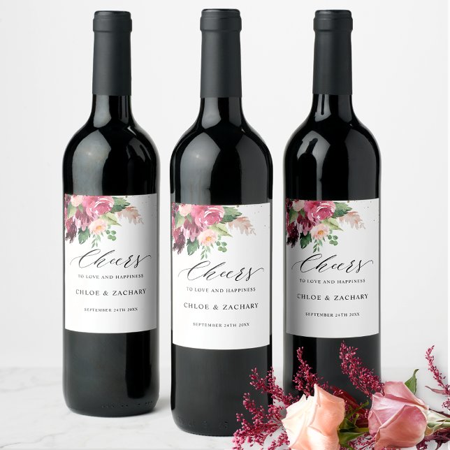 Chic Burgundy Blush and Pink Floral Cheers Wedding Wine Label (Creator Uploaded)