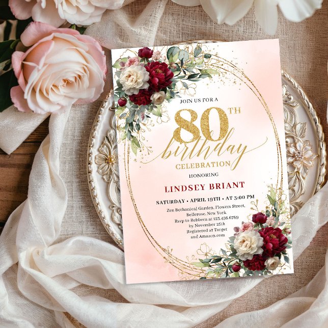 Chic Burgundy Blush Floral 80th Birthday Invites (Chic Burgundy Blush Floral 80th Birthday Invitation)
