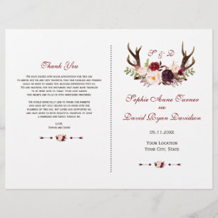 Chic Burgundy Blush Floral Antlers Wedding Program