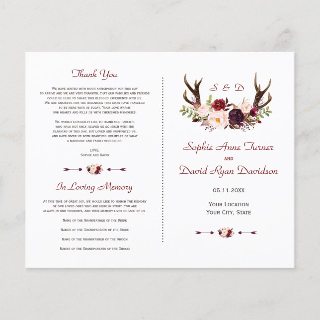 Chic Burgundy Blush Floral Antlers Wedding Program Flyer (Front)