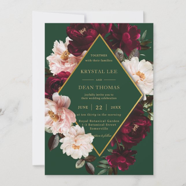 Chic Burgundy Blush Floral Peonies Emerald Wedding Invitation (Front)