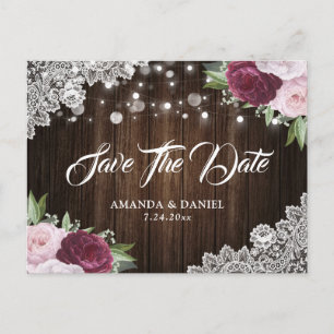 Chic Burgundy Blush Floral Save The Date Postcards