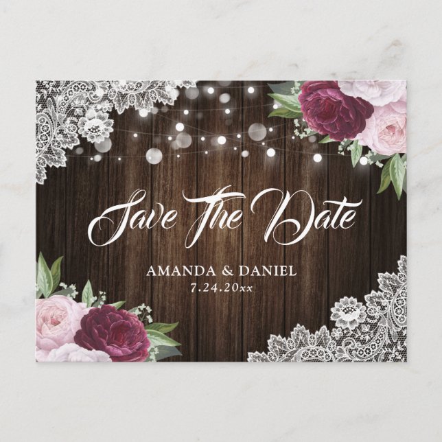 Chic Burgundy Blush Floral Save The Date Postcards (Front)