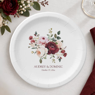 Chic Burgundy Blush Floral Wedding Paper Plate
