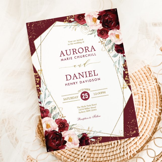 Chic Burgundy Blush Gold Floral Geometric Wedding Invitation (Creator Uploaded)