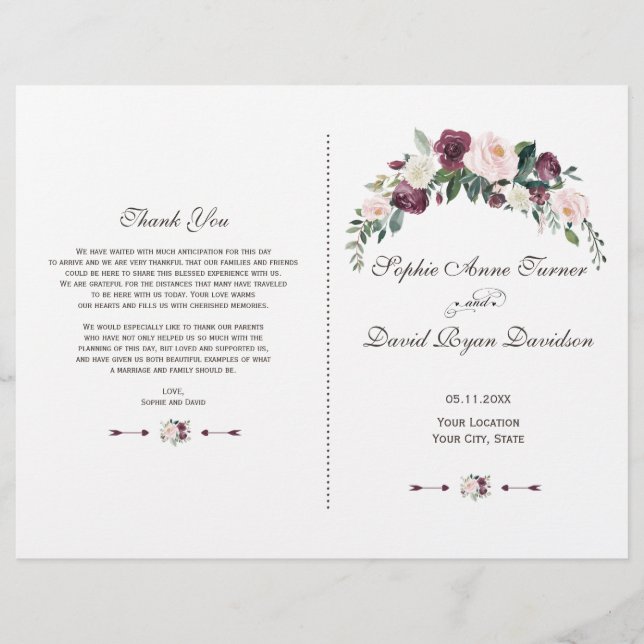 Chic Burgundy Blush Ivory Floral Wedding Program (Front)