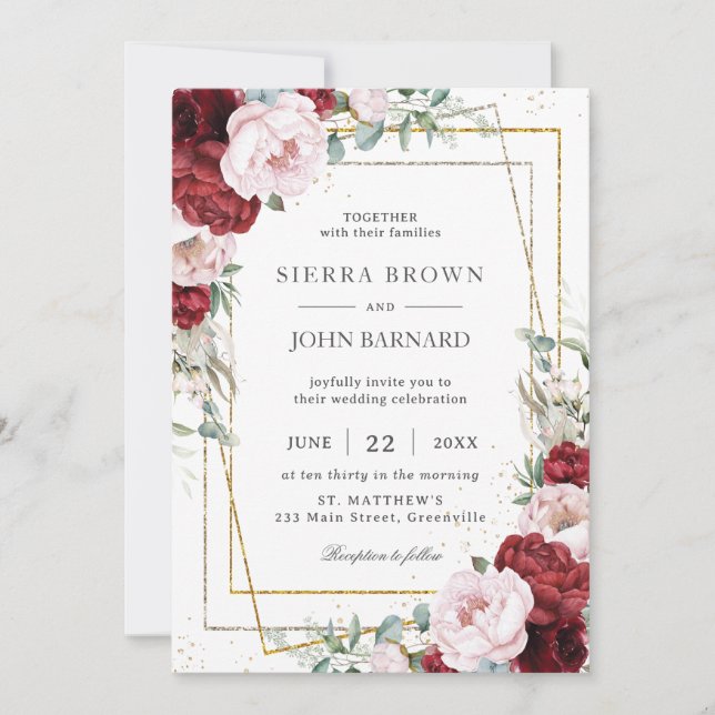 Chic Burgundy Blush Peonies Floral Geometric Invitation (Front)