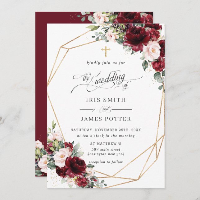 Chic Burgundy Blush Pink Floral Church Wedding   Invitation (Front/Back)