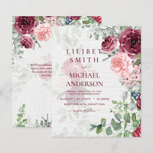 Chic Burgundy Blush Pink Floral Greenery Wedding (Front/Back)