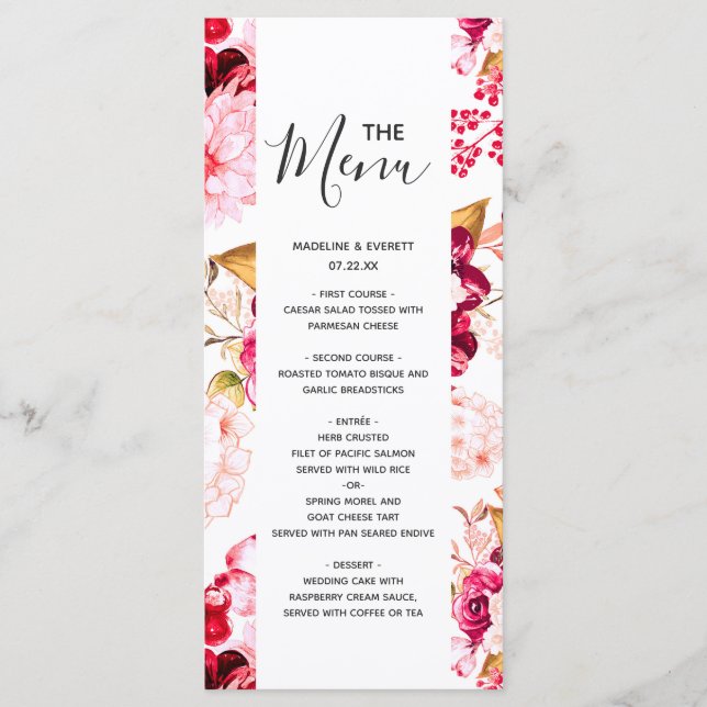 Chic Burgundy & Blush Pink Floral Wedding Menu (Front)